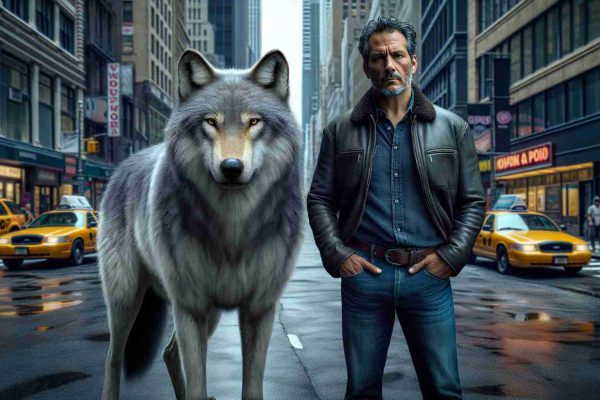 Generate a realistic, high-definition image representing the concept of 'Wolfish Ambitions': It portrays an unlikely duo in the bustling streets of New York. This duo comprises of a wild, but friendly wolf and a determined, middle-aged Hispanic man. The wolf's fur is grey with hints of white, reflecting its agile and wild nature, while the man is dressed in casual blue jeans and a black leather jacket, with a dignified expression that speaks of his ambitions. They stand side by side, creating a striking contrast against the backdrop of busy New York City streets, skyscrapers and yellow taxis.