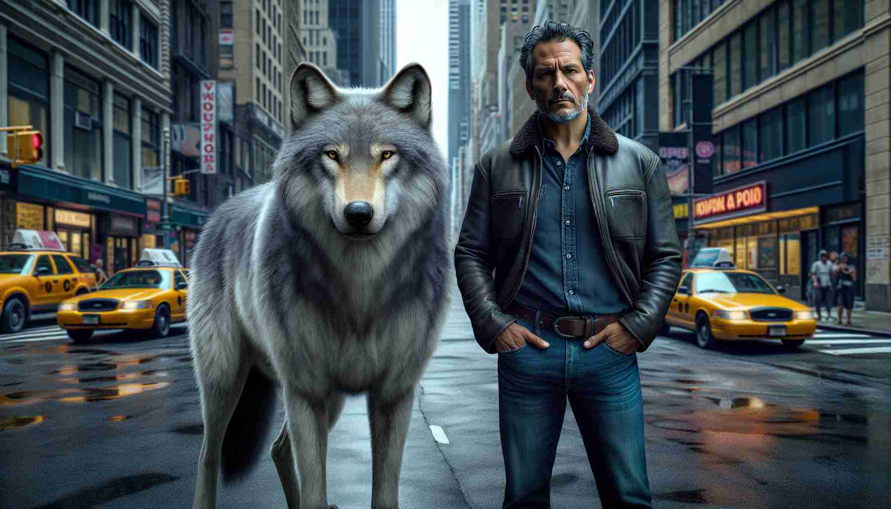 Generate a realistic, high-definition image representing the concept of 'Wolfish Ambitions': It portrays an unlikely duo in the bustling streets of New York. This duo comprises of a wild, but friendly wolf and a determined, middle-aged Hispanic man. The wolf's fur is grey with hints of white, reflecting its agile and wild nature, while the man is dressed in casual blue jeans and a black leather jacket, with a dignified expression that speaks of his ambitions. They stand side by side, creating a striking contrast against the backdrop of busy New York City streets, skyscrapers and yellow taxis.