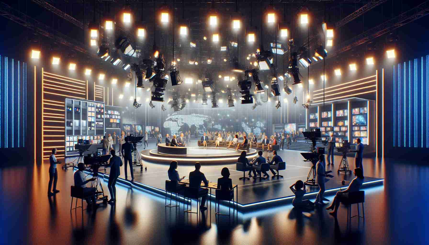 High-definition, realistic image depicting the theme 'Exploring the New Frontier of Late-Night TV'. Picture an environment akin to a modern TV studio, illuminated with an array of bright lights and decked out with state-of-the-art equipment. Imagine a lively scene full of dynamic energy. There are multiple people in the studio, both women and men who represent different descents such as Caucasian, Black, Middle-Eastern, South Asian, and Hispanic. They are busy preparing for the upcoming show: some are adjusting the microphones, some are checking the cameras, while the others are carefully reviewing the script.