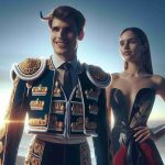 A high-definition, realistic image capturing a scene of new beginnings for a young Spanish matador and a successful female fashion designer. They are standing together, smiling proudly as they look towards the horizon, the matador wearing his traditional suit of lights, and the designer presenting one of her stylish, haute couture dresses. If possible, include a sunrise or new day dawning in the background, reflecting the theme of new beginnings.