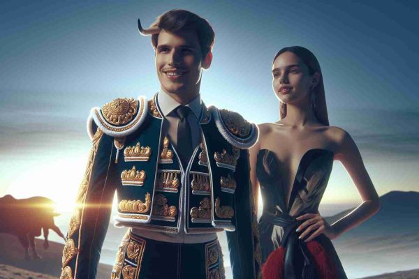 A high-definition, realistic image capturing a scene of new beginnings for a young Spanish matador and a successful female fashion designer. They are standing together, smiling proudly as they look towards the horizon, the matador wearing his traditional suit of lights, and the designer presenting one of her stylish, haute couture dresses. If possible, include a sunrise or new day dawning in the background, reflecting the theme of new beginnings.