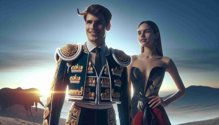 A high-definition, realistic image capturing a scene of new beginnings for a young Spanish matador and a successful female fashion designer. They are standing together, smiling proudly as they look towards the horizon, the matador wearing his traditional suit of lights, and the designer presenting one of her stylish, haute couture dresses. If possible, include a sunrise or new day dawning in the background, reflecting the theme of new beginnings.