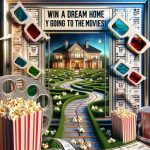 A detailed poster advertising 'Win a Dream Home by Going to the Movies!'. The high-definition, realistic display should feature classic movie reels, popcorn, 3D glasses, and cinema tickets intricately designed. Leading into an appealing path, the dream home represented in the vibrant colors. The home should be luxurious with architectural beauty and surrounded by a lush garden. It should embody a grandeur outlook, with sophistication displayed through its detailing. Compelling lines enticing movie-goers for a chance to win this dream home should be strewn across the poster in a dramatic font.