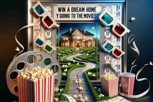 A detailed poster advertising 'Win a Dream Home by Going to the Movies!'. The high-definition, realistic display should feature classic movie reels, popcorn, 3D glasses, and cinema tickets intricately designed. Leading into an appealing path, the dream home represented in the vibrant colors. The home should be luxurious with architectural beauty and surrounded by a lush garden. It should embody a grandeur outlook, with sophistication displayed through its detailing. Compelling lines enticing movie-goers for a chance to win this dream home should be strewn across the poster in a dramatic font.