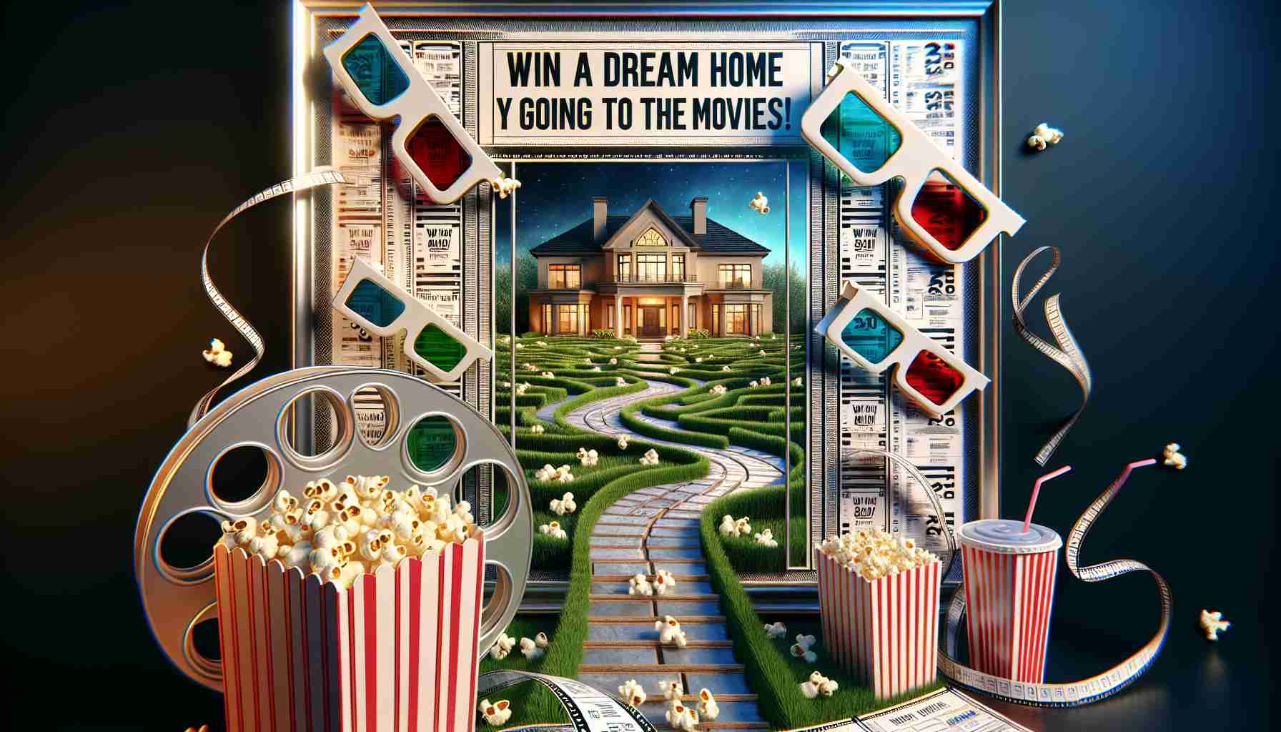 A detailed poster advertising 'Win a Dream Home by Going to the Movies!'. The high-definition, realistic display should feature classic movie reels, popcorn, 3D glasses, and cinema tickets intricately designed. Leading into an appealing path, the dream home represented in the vibrant colors. The home should be luxurious with architectural beauty and surrounded by a lush garden. It should embody a grandeur outlook, with sophistication displayed through its detailing. Compelling lines enticing movie-goers for a chance to win this dream home should be strewn across the poster in a dramatic font.