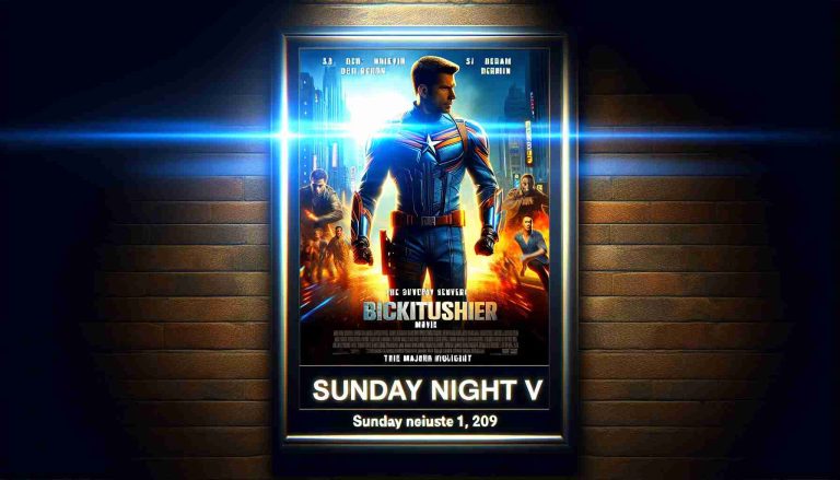 High-definition image of a newly released blockbuster movie poster, highlighting the major protagonist, a generic male individual in an action pose. The image depicts this movie as the featured highlight on Sunday night television. It evokes a sense of excitement and anticipation, which dominates the atmosphere of a typical Sunday evening.