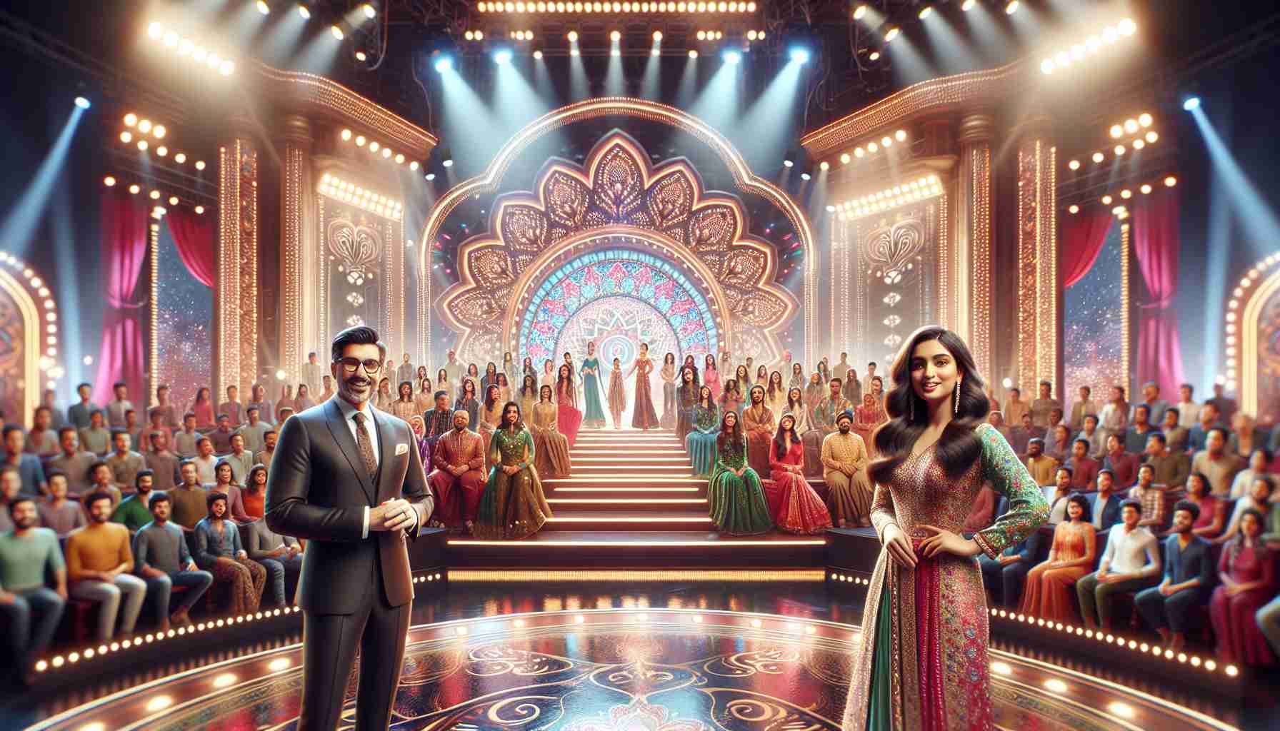 An realistic high-definition image of a grand entertainment event titled 'Entertainment Showdown'. The scene is filled with bright, vibrant lights and set against an elaborate stage decorated with an intricate, elegant design. A large enthusiastic crowd is in the background, eagerly anticipating the unveil of new talents. Host of the show, a charismatic middle-aged man of South Asian descent, stands center stage while a young, dynamic Hispanic woman co-host balances the energy on stage. Their excitement is palpable as they prepare to reveal the surprising twists in the show.