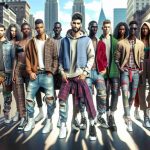 A realistic high-definition image of a vibrant urban fashion showcase, highlighting the style and glamour. Picture includes a lively runway with models comprising of an equal mix of Caucasian, Hispanic, Black, Middle-Eastern, and South Asian descent. The gender of the models is evenly distributed among men and women, each flaunting cutting-edge streetwear designs against the backdrop of city skyscrapers.