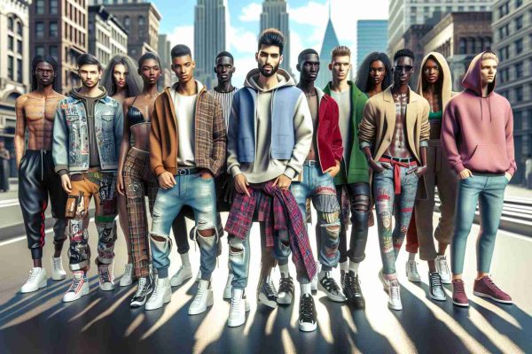 A realistic high-definition image of a vibrant urban fashion showcase, highlighting the style and glamour. Picture includes a lively runway with models comprising of an equal mix of Caucasian, Hispanic, Black, Middle-Eastern, and South Asian descent. The gender of the models is evenly distributed among men and women, each flaunting cutting-edge streetwear designs against the backdrop of city skyscrapers.