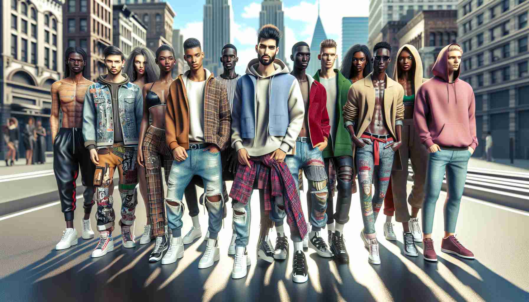 A realistic high-definition image of a vibrant urban fashion showcase, highlighting the style and glamour. Picture includes a lively runway with models comprising of an equal mix of Caucasian, Hispanic, Black, Middle-Eastern, and South Asian descent. The gender of the models is evenly distributed among men and women, each flaunting cutting-edge streetwear designs against the backdrop of city skyscrapers.