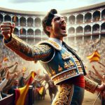 A high definition, realistic image of a matador's triumphant moment at Las Ventas. The matador should be distinctively Hispanic, immersed in the celebration of his hard-fought victory, surrounded by the overwhelming cheers of the crowd. His traditional matador costume is ornate, adorned with sequins and gold thread, complemented by his enthusiastic facial expression and triumphant gesture. The famed bullring of Las Ventas, a significant symbol of Spanish cultural heritage, forms the background of the scene.