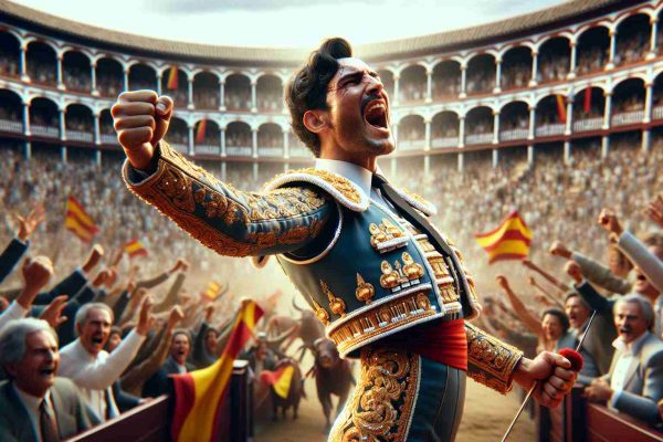 A high definition, realistic image of a matador's triumphant moment at Las Ventas. The matador should be distinctively Hispanic, immersed in the celebration of his hard-fought victory, surrounded by the overwhelming cheers of the crowd. His traditional matador costume is ornate, adorned with sequins and gold thread, complemented by his enthusiastic facial expression and triumphant gesture. The famed bullring of Las Ventas, a significant symbol of Spanish cultural heritage, forms the background of the scene.