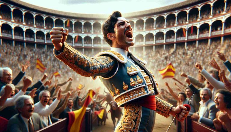 A high definition, realistic image of a matador's triumphant moment at Las Ventas. The matador should be distinctively Hispanic, immersed in the celebration of his hard-fought victory, surrounded by the overwhelming cheers of the crowd. His traditional matador costume is ornate, adorned with sequins and gold thread, complemented by his enthusiastic facial expression and triumphant gesture. The famed bullring of Las Ventas, a significant symbol of Spanish cultural heritage, forms the background of the scene.