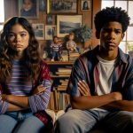 A high-definition, realistic image depicting the complex dynamics of sibling relationships. Picture a scene where two siblings, a young Hispanic female with long wavy hair and a Black teen male with short curly hair, are seated in a homely living room. Her crossed arms and stern expression, along with his downcast eyes and clenched jaw, suggest a tension-filled atmosphere. Perhaps a disagreement or argument has just transpired. In the background, artefacts of family life: photos on the wall, well-loved toys, and half-read books reflecting the shared history and love that underlies their current conflict.