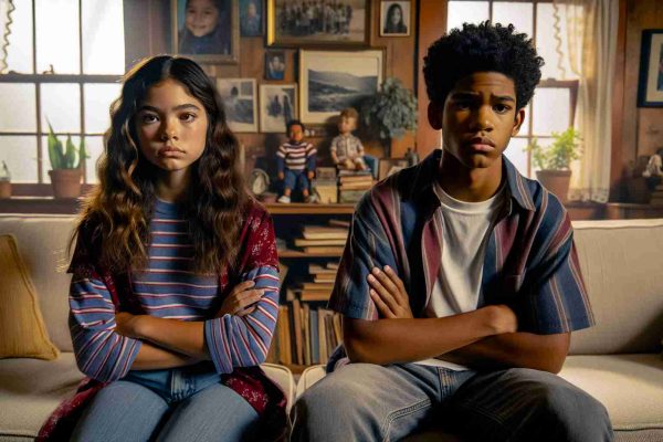 A high-definition, realistic image depicting the complex dynamics of sibling relationships. Picture a scene where two siblings, a young Hispanic female with long wavy hair and a Black teen male with short curly hair, are seated in a homely living room. Her crossed arms and stern expression, along with his downcast eyes and clenched jaw, suggest a tension-filled atmosphere. Perhaps a disagreement or argument has just transpired. In the background, artefacts of family life: photos on the wall, well-loved toys, and half-read books reflecting the shared history and love that underlies their current conflict.