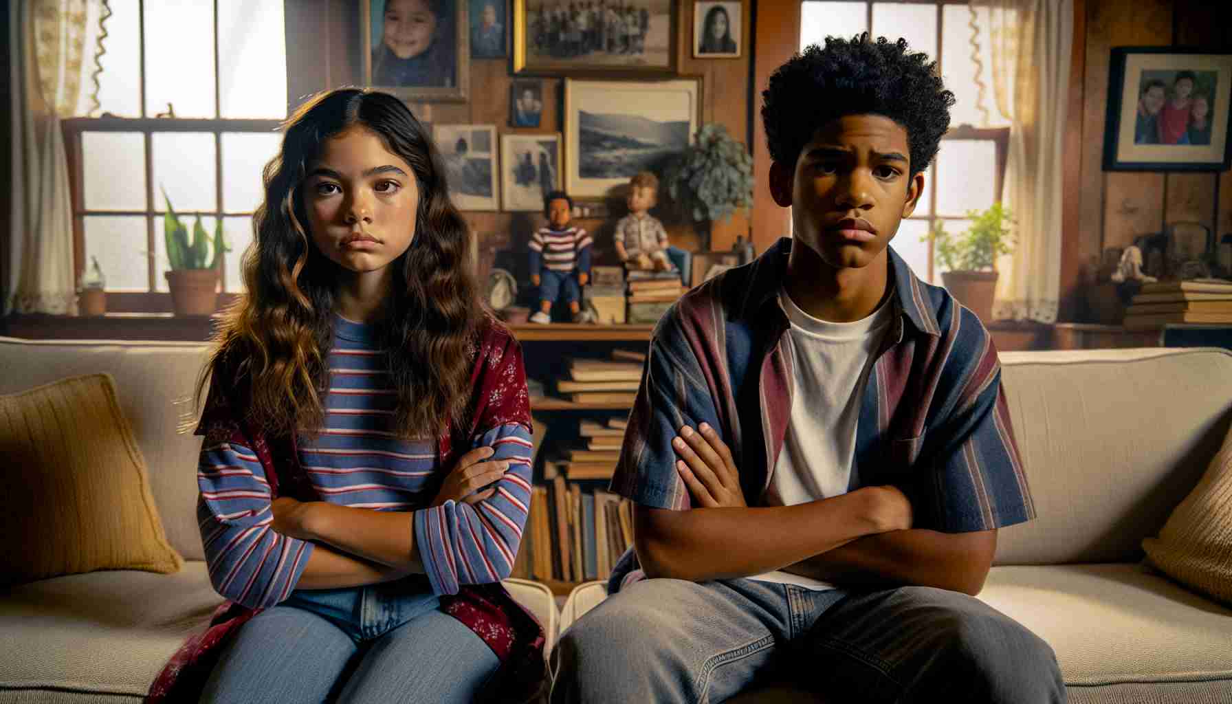 A high-definition, realistic image depicting the complex dynamics of sibling relationships. Picture a scene where two siblings, a young Hispanic female with long wavy hair and a Black teen male with short curly hair, are seated in a homely living room. Her crossed arms and stern expression, along with his downcast eyes and clenched jaw, suggest a tension-filled atmosphere. Perhaps a disagreement or argument has just transpired. In the background, artefacts of family life: photos on the wall, well-loved toys, and half-read books reflecting the shared history and love that underlies their current conflict.