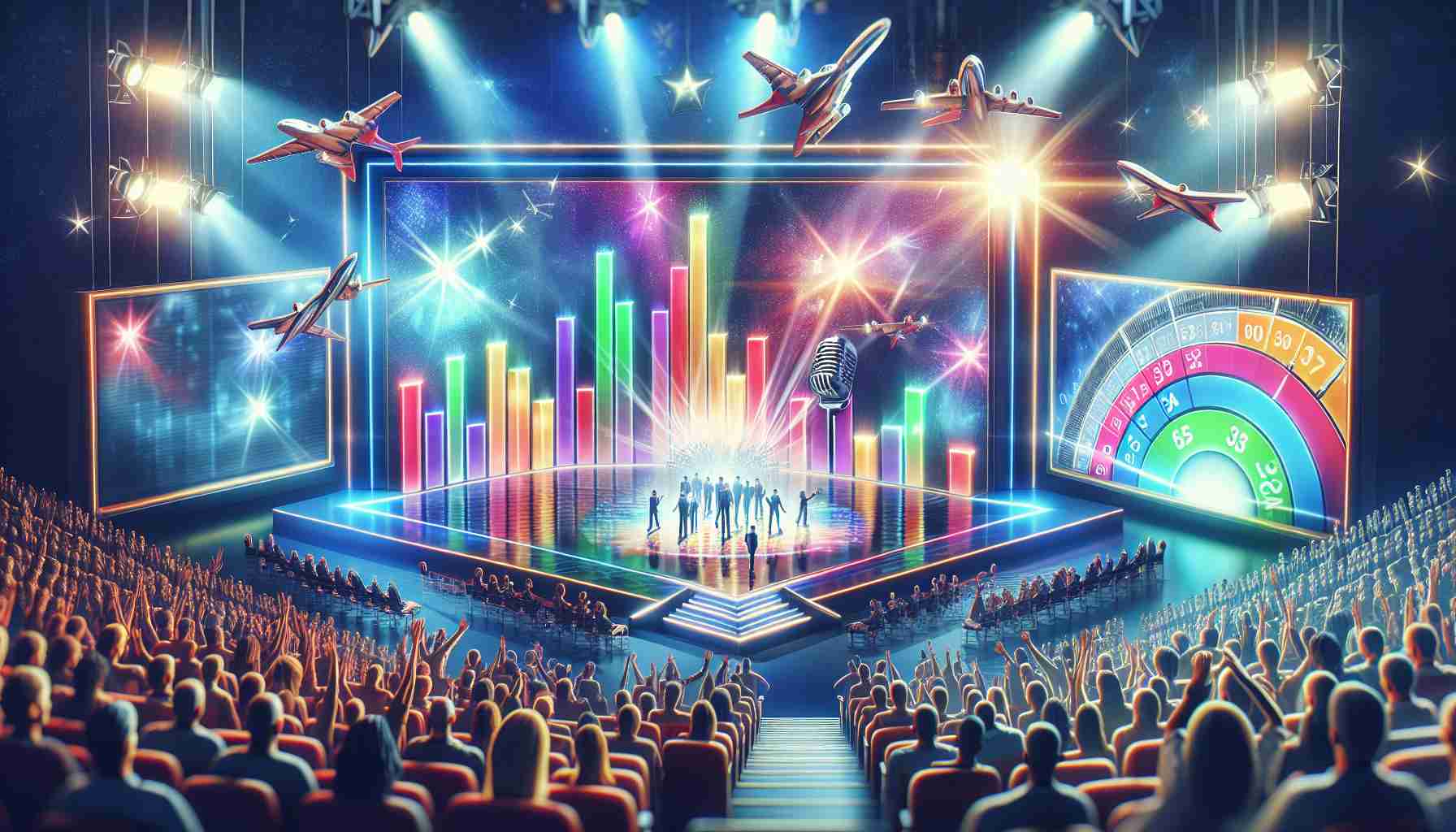 Generate a realistic, high-definition image representing a primetime television show that is currently dominating the ratings. The image should convey a sense of excitement and success, perhaps by including visuals such as the show logo, a lively audience, a flashy studio set, and a TV ratings chart indicating record-breaking numbers.