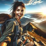 Realistic and high-definition image of an adventurous woman, with an energetic and enthusiastic expression, ready to embrace new ventures. She's standing on a mountain peak, with a vast, breathtaking landscape in the background. The sky is brightly lit by the setting sun, hues of orange and gold spilling over the horizon. Her hiking gear and backpack suggest her readiness for exploration. She has the look of determination and excitement, the look of someone not afraid to take on new challenges.