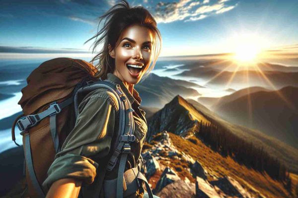 Realistic and high-definition image of an adventurous woman, with an energetic and enthusiastic expression, ready to embrace new ventures. She's standing on a mountain peak, with a vast, breathtaking landscape in the background. The sky is brightly lit by the setting sun, hues of orange and gold spilling over the horizon. Her hiking gear and backpack suggest her readiness for exploration. She has the look of determination and excitement, the look of someone not afraid to take on new challenges.