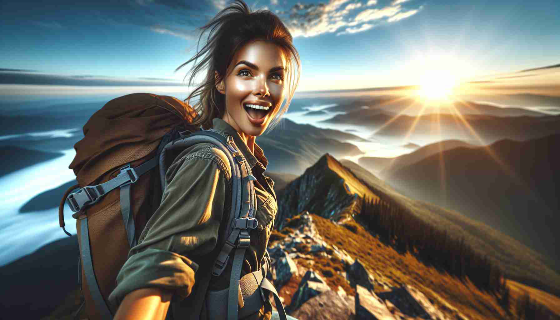 Realistic and high-definition image of an adventurous woman, with an energetic and enthusiastic expression, ready to embrace new ventures. She's standing on a mountain peak, with a vast, breathtaking landscape in the background. The sky is brightly lit by the setting sun, hues of orange and gold spilling over the horizon. Her hiking gear and backpack suggest her readiness for exploration. She has the look of determination and excitement, the look of someone not afraid to take on new challenges.