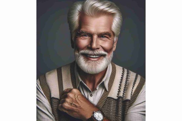 Generate an image of a charismatic, mature elderly man with a strong presence. He has a jovial laugh and a sparkle in his eyes. His hair is white-grey and he has a rounded face with defined lines marking years of laughter and wisdom. He's seen wearing a tasteful, mature and comfortable ensemble of a shirt, sweater vest, and a watch. His stance is confident, personifying an air of authority yet approachability. Please create this image in a realistic HD format.