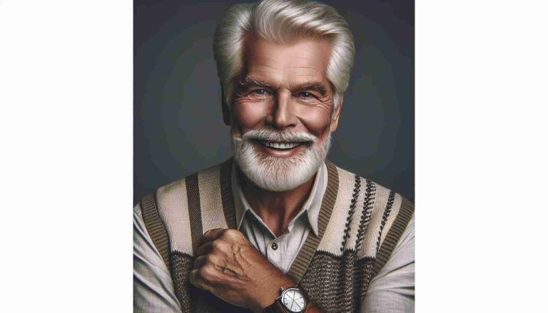 Generate an image of a charismatic, mature elderly man with a strong presence. He has a jovial laugh and a sparkle in his eyes. His hair is white-grey and he has a rounded face with defined lines marking years of laughter and wisdom. He's seen wearing a tasteful, mature and comfortable ensemble of a shirt, sweater vest, and a watch. His stance is confident, personifying an air of authority yet approachability. Please create this image in a realistic HD format.