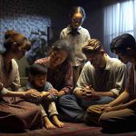 A realistic, high-definition image showing a scene embodying family unity during challenging times. The scene includes a family of five - a mother, father, a teenage son, a pre-teen daughter, and a toddler. The mother, of Caucasian descent, is seen comforting the daughter, who is also Caucasian. The father, an Asian man stands nearby holding the toddler, a mixed-race child. The son, a Hispanic teen, is shown supporting his siblings. They're all in a living room with dim light, huddled together, appearing to be sharing stories or resolving a problem. The wallpaper peels slightly, metaphorically reflecting the adversity they face.