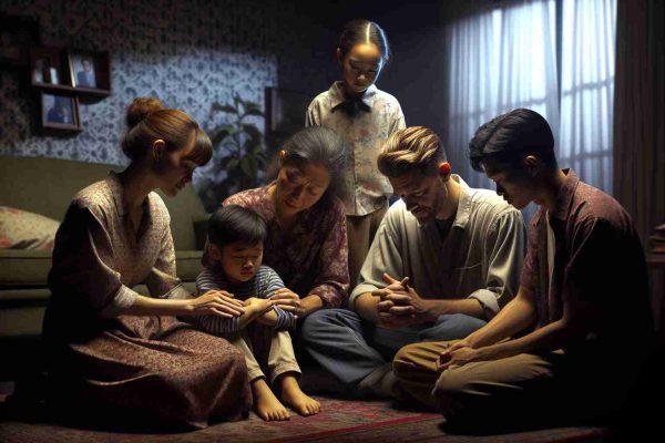 A realistic, high-definition image showing a scene embodying family unity during challenging times. The scene includes a family of five - a mother, father, a teenage son, a pre-teen daughter, and a toddler. The mother, of Caucasian descent, is seen comforting the daughter, who is also Caucasian. The father, an Asian man stands nearby holding the toddler, a mixed-race child. The son, a Hispanic teen, is shown supporting his siblings. They're all in a living room with dim light, huddled together, appearing to be sharing stories or resolving a problem. The wallpaper peels slightly, metaphorically reflecting the adversity they face.