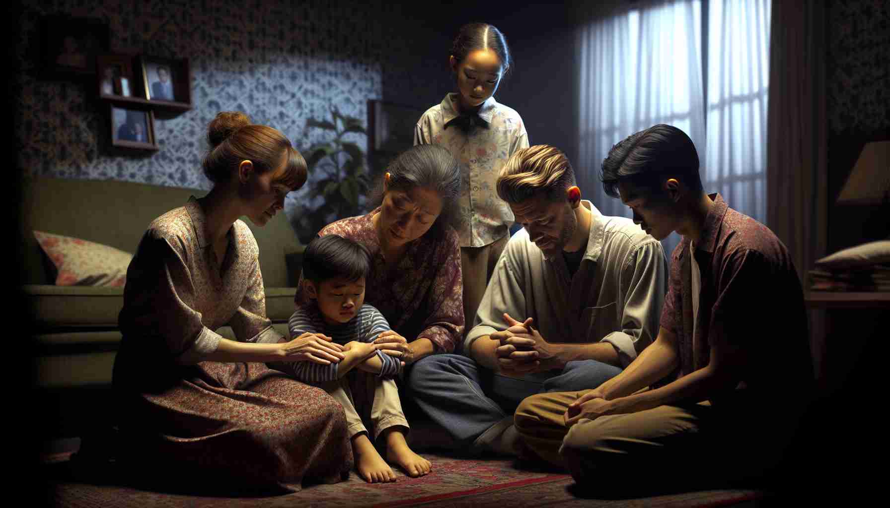 A realistic, high-definition image showing a scene embodying family unity during challenging times. The scene includes a family of five - a mother, father, a teenage son, a pre-teen daughter, and a toddler. The mother, of Caucasian descent, is seen comforting the daughter, who is also Caucasian. The father, an Asian man stands nearby holding the toddler, a mixed-race child. The son, a Hispanic teen, is shown supporting his siblings. They're all in a living room with dim light, huddled together, appearing to be sharing stories or resolving a problem. The wallpaper peels slightly, metaphorically reflecting the adversity they face.