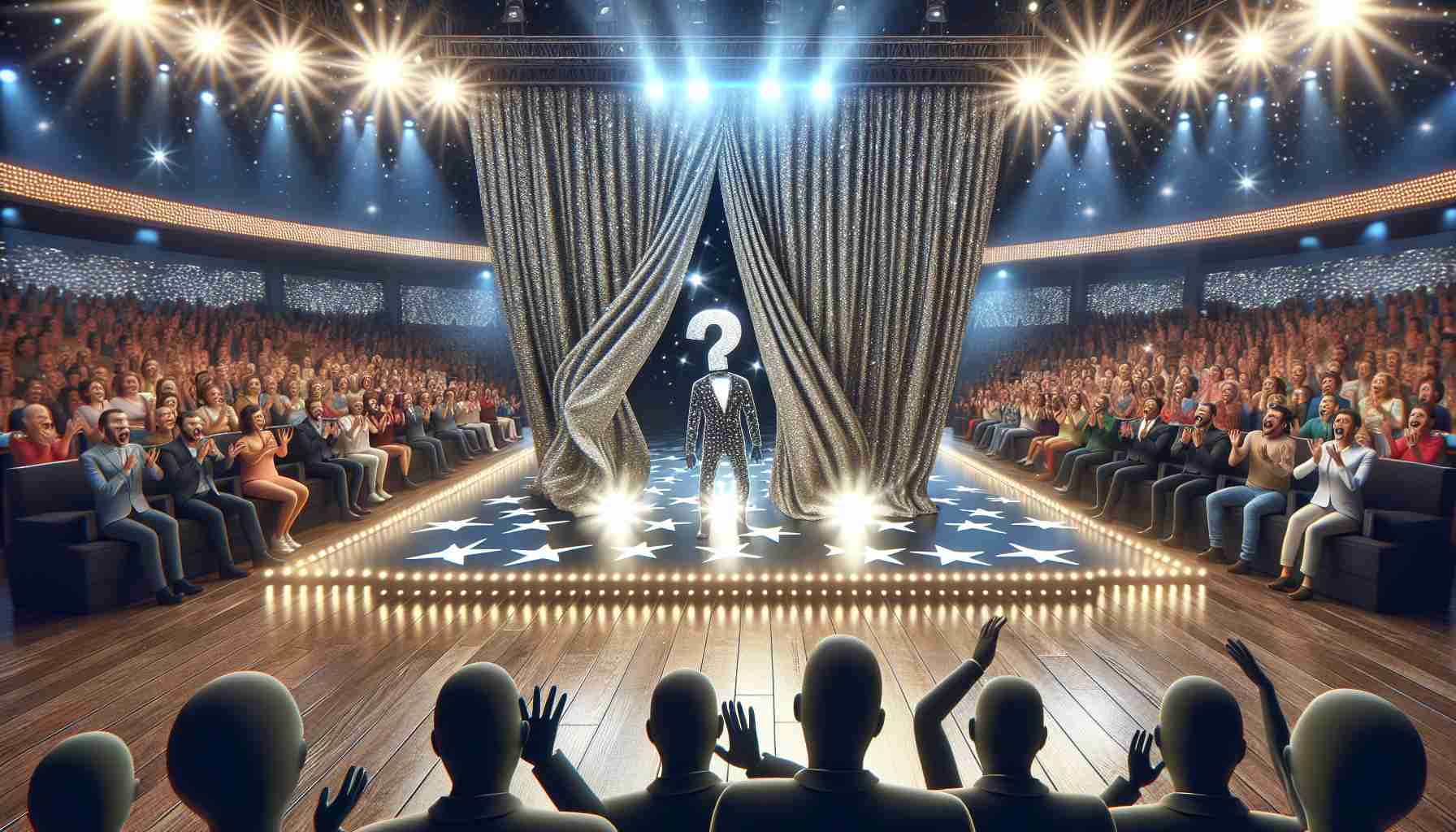 An HD image visualizing an exciting moment from a popular reality show called 'Character Concealer', where celebrities are disguised and unrecognizable. The scene features a stage filled with dazzling lights, and a moment of surprise when a character's true identity is revealed, with a gasping audience in the background. The star studded arena and the intense atmosphere of revelation make it a visually appealing scene. However, the celebrities are not identifiable, maintaining the essence of the show.