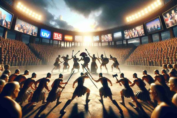 High-definition realistic depiction of the fierce competition between various reality television shows for viewer ratings. Capture the intensity and atmosphere of the struggle, perhaps symbolizing the shows as gladiators in an arena, each vying for the attention of a large, diverse crowd signifying the viewing audience. Employ cinematic lighting effects and dramatic postures to heighten the sense of competition and drama.