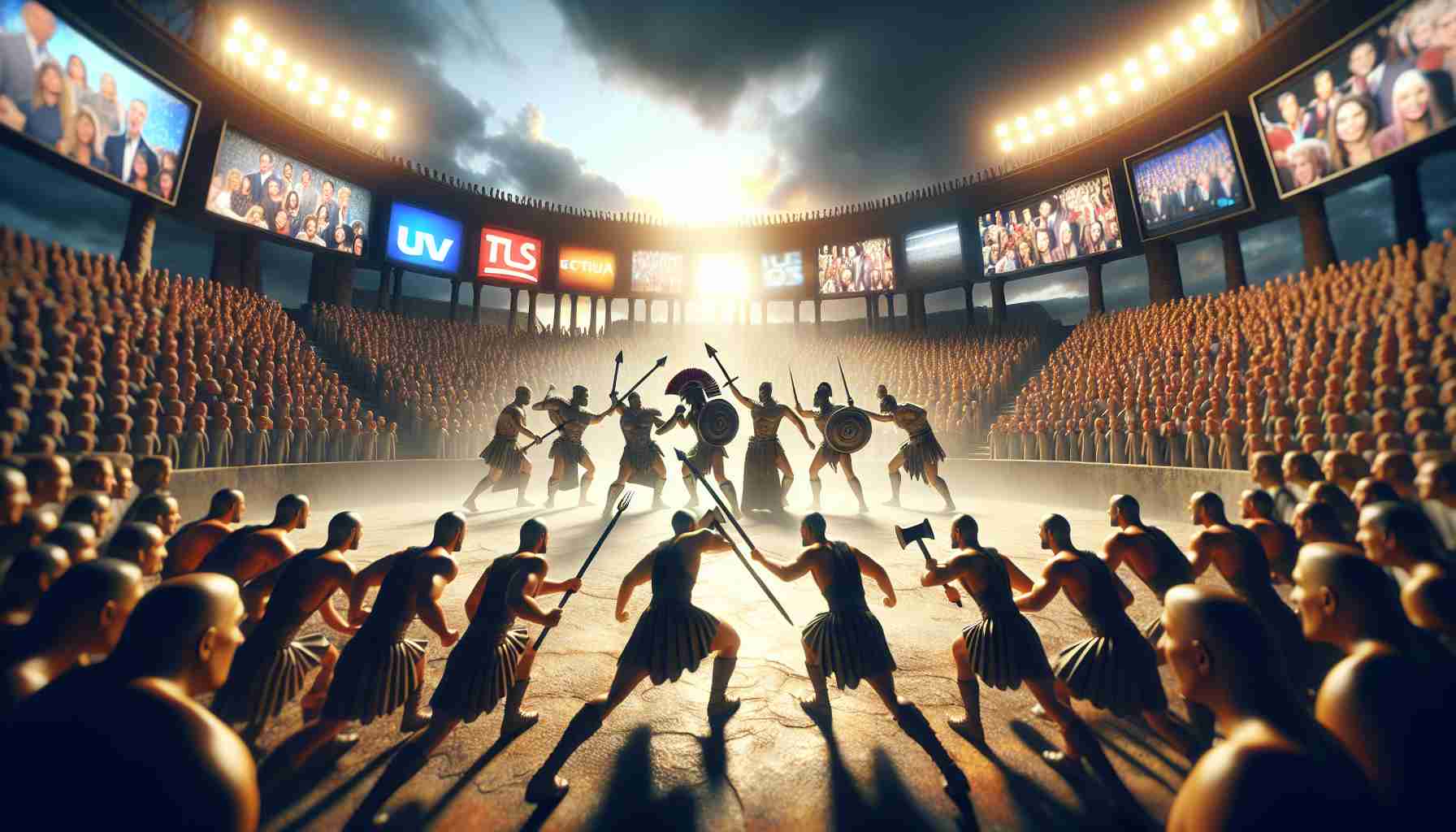 High-definition realistic depiction of the fierce competition between various reality television shows for viewer ratings. Capture the intensity and atmosphere of the struggle, perhaps symbolizing the shows as gladiators in an arena, each vying for the attention of a large, diverse crowd signifying the viewing audience. Employ cinematic lighting effects and dramatic postures to heighten the sense of competition and drama.