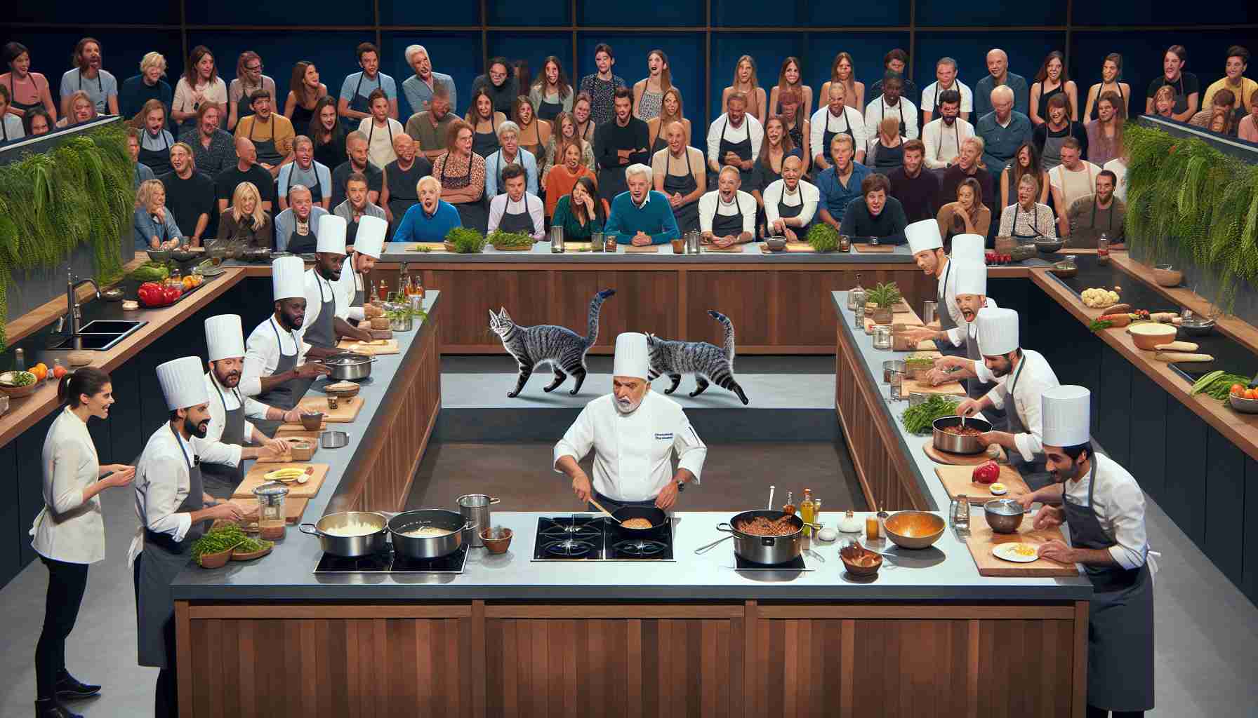 A realistic and high-definition photograph featuring an unexpected event in a renowned cooking competition show. Picture a wide kitchen set up with multiple stations, with each station manned by a chef who is focused on meticulously preparing their dish. Suddenly, in the middle of the cooking frenzy, a cat trots onto the stage, evoking surprise and humor amidst the tension. Take note to include various reactions from different contestants from diverse descents, including Caucasian, Hispanic, Black, Middle-Eastern, South Asian, and a range of genders. The judges too demonstrate varied reactions from surprise to amusement.