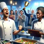 Illustrate a realistic, high-definition scene from a culinary competition. The image should showcase two key moments: an unexpected victory and an emotional farewell. In the victory moment, depict a South Asian male chef in the midst of celebration, his face lit up in surprise, perhaps clutching a trophy or medal. In the contrasting farewell moment, convey a Black female chef saying a tearful goodbye to her competitors, demonstrating both sadness and sportsmanship. The background should include a bustling kitchen and the diverse audience in anticipation of their reactions.