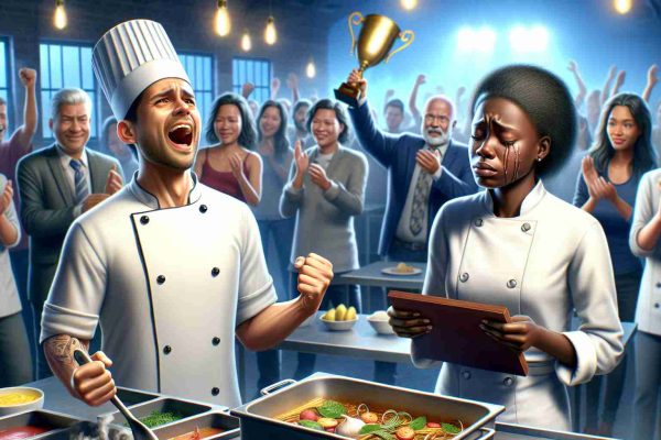 Illustrate a realistic, high-definition scene from a culinary competition. The image should showcase two key moments: an unexpected victory and an emotional farewell. In the victory moment, depict a South Asian male chef in the midst of celebration, his face lit up in surprise, perhaps clutching a trophy or medal. In the contrasting farewell moment, convey a Black female chef saying a tearful goodbye to her competitors, demonstrating both sadness and sportsmanship. The background should include a bustling kitchen and the diverse audience in anticipation of their reactions.