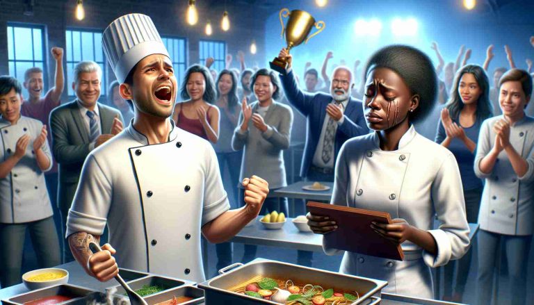 Illustrate a realistic, high-definition scene from a culinary competition. The image should showcase two key moments: an unexpected victory and an emotional farewell. In the victory moment, depict a South Asian male chef in the midst of celebration, his face lit up in surprise, perhaps clutching a trophy or medal. In the contrasting farewell moment, convey a Black female chef saying a tearful goodbye to her competitors, demonstrating both sadness and sportsmanship. The background should include a bustling kitchen and the diverse audience in anticipation of their reactions.