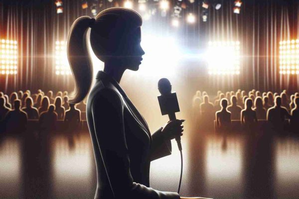 Realistic high-definition image of a silhouette of a woman with a microphone in her hand, addressing the controversy surrounding the exit from a reality TV show titled 'Gran Hermano'. The background is a stage with dramatic lighting and a serious atmosphere that suggests a potential scandal.