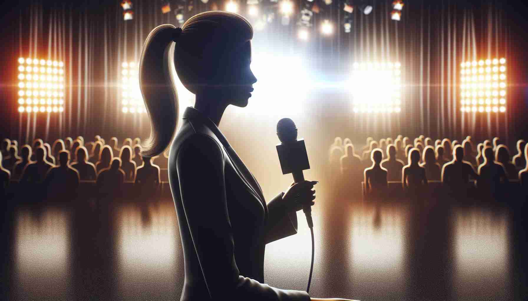 Realistic high-definition image of a silhouette of a woman with a microphone in her hand, addressing the controversy surrounding the exit from a reality TV show titled 'Gran Hermano'. The background is a stage with dramatic lighting and a serious atmosphere that suggests a potential scandal.