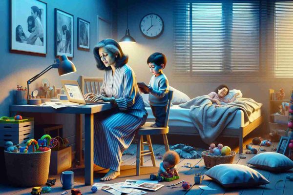 An elaborate HD image that brings to life the concept of 'The Struggles of Motherhood in Modern Cinema'. This should display a bedroom scene, where a middle-aged South Asian woman is trying to balance her professional life on her laptop screen with her duties as a mother to a toddler of Hispanic descent. The room should have a modern design, portraying the chaotic yet love-filled environment of a working mother's everyday life, with toys scattered around and a half-empty coffee mug on the table. Make sure to convey the essence of emotional strife as well as the joy found in small moments of motherhood.