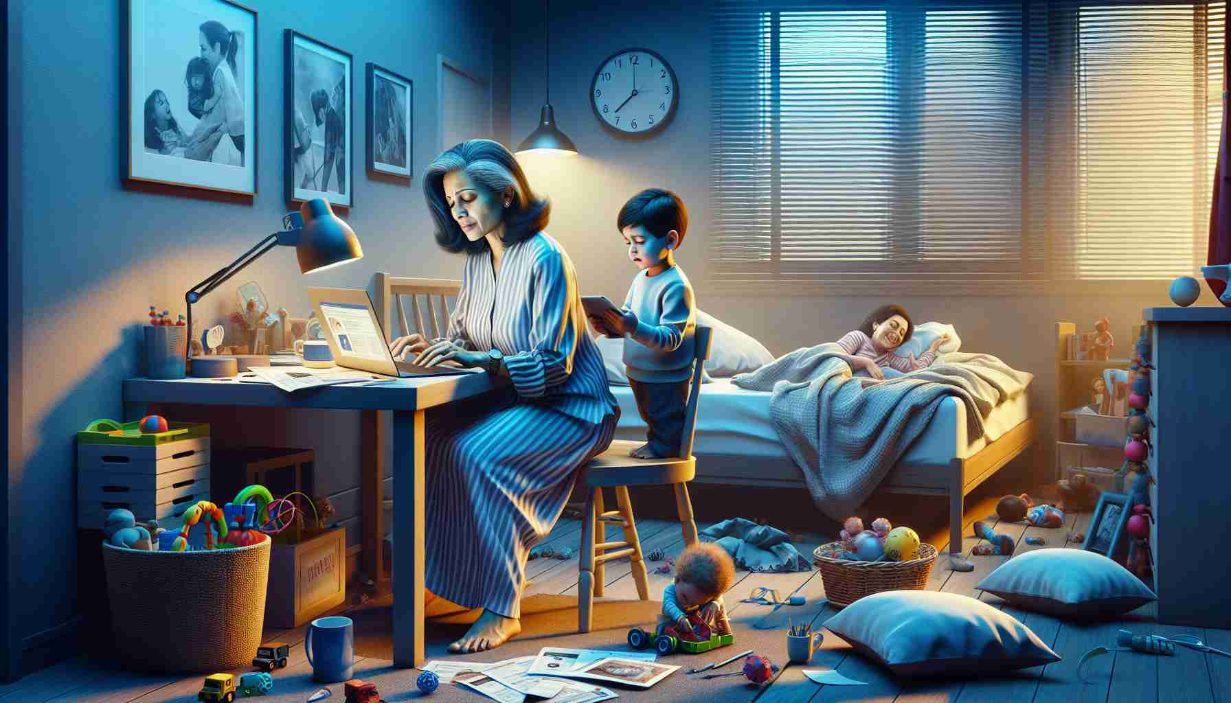 An elaborate HD image that brings to life the concept of 'The Struggles of Motherhood in Modern Cinema'. This should display a bedroom scene, where a middle-aged South Asian woman is trying to balance her professional life on her laptop screen with her duties as a mother to a toddler of Hispanic descent. The room should have a modern design, portraying the chaotic yet love-filled environment of a working mother's everyday life, with toys scattered around and a half-empty coffee mug on the table. Make sure to convey the essence of emotional strife as well as the joy found in small moments of motherhood.