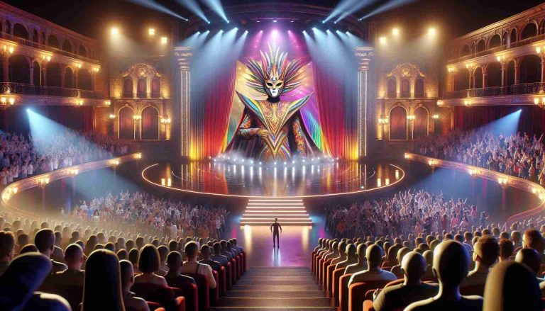 Visualize a high-definition, realistic image capturing the excitement of the premiere of a new edition of a popular masked singing competition show. The setting is a large, state-of-the-art theater with an elaborate stage setup, including colorful stage lights and a grand backdrop. A sense of jubilation fills the venue despite the late start time. A crowd of excited fans of diverse ages and descents eagerly watch, and an enigmatic figure, yet to be revealed, stands on the stage wearing a grandiose costume and a mysterious mask.