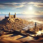 A highly detailed, realistic HD image of Medina Azahara, illustrating its grand beginning after 45 years of reconstruction. As you take a moment to immerse yourself in the scene, you can see the vast, arid surroundings of the ancient city, its architectural marvels rising from the dor-colored earth against a backdrop of a brilliant blue sky. Reflection of sunlight on the sandstone gives the city an ethereal glow, emphasizing the new life being breathed into it.