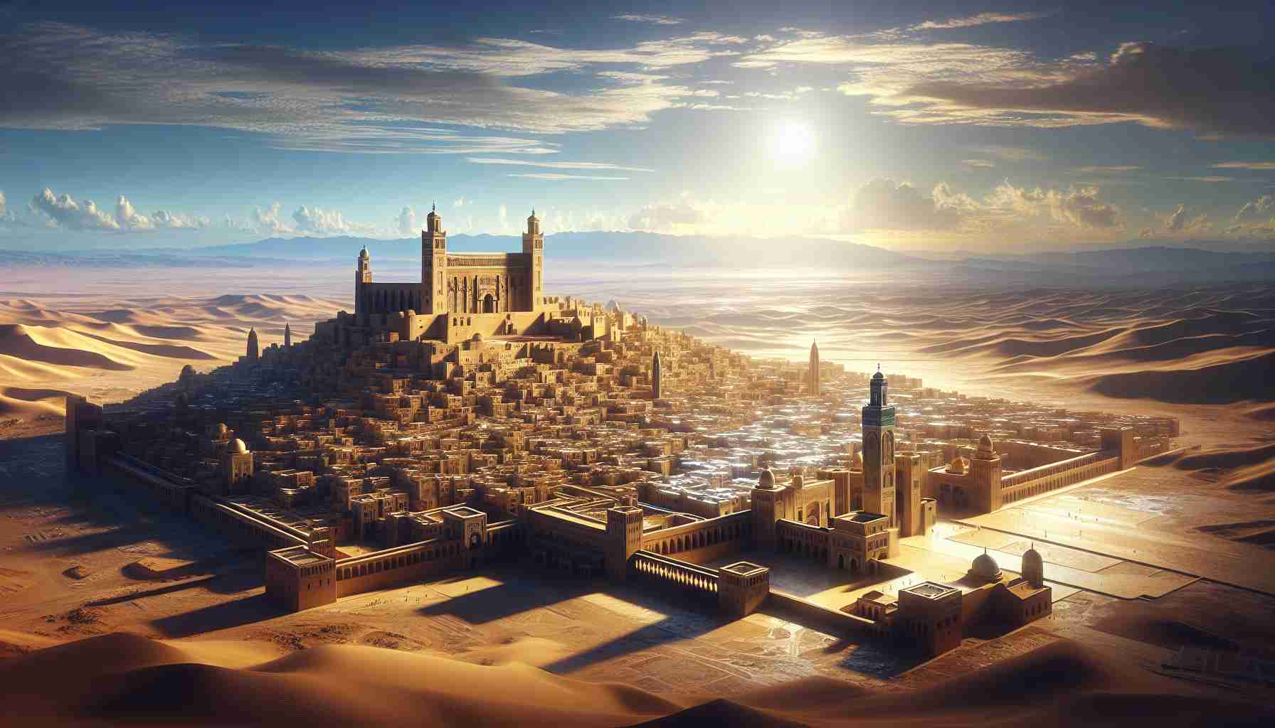 A highly detailed, realistic HD image of Medina Azahara, illustrating its grand beginning after 45 years of reconstruction. As you take a moment to immerse yourself in the scene, you can see the vast, arid surroundings of the ancient city, its architectural marvels rising from the dor-colored earth against a backdrop of a brilliant blue sky. Reflection of sunlight on the sandstone gives the city an ethereal glow, emphasizing the new life being breathed into it.