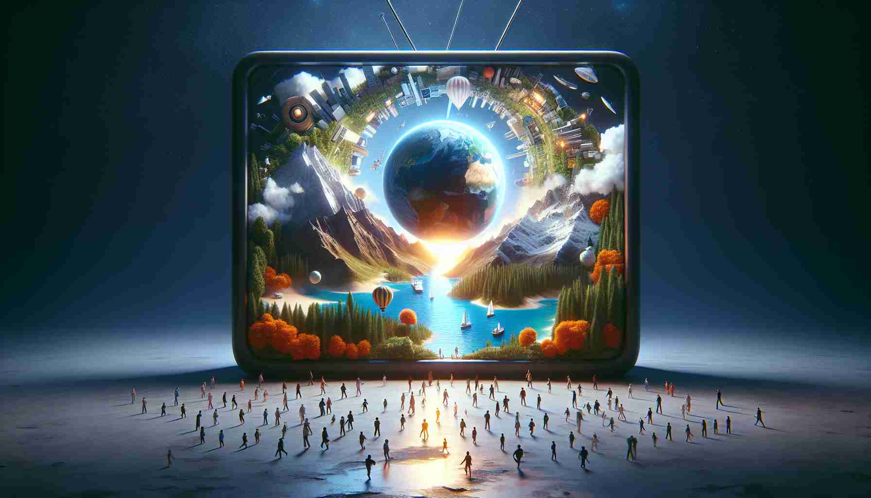 Render a realistic high-definition vertical image showcasing an unusual and intriguing television landscape, where the concept of 'Exploring New Territories' is given a visual form. Let it reflect an open world - a giant spherical TV screen in the center that serves as a portal, showing various inspiring locations - mountains, oceans, forests, cities, outer space. Surrounding the screen, several tiny individuals of various descents and gender - Black, Caucasian, Middle-Eastern, Hispanic, East Asian, South Asian - are seen walking towards it with a sense of wonder and curiosity.