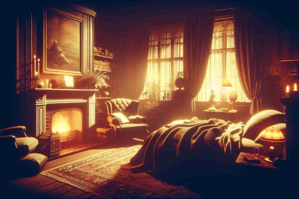 Generate a realistic, high-definition image depicting a scene known as 'A Sleepy Affair'. This scene should convey an atmosphere of relaxation and calm, and might include elements such as a dimly-lit room, comfortable furniture, perhaps a fireplace softly burning. The color palette should be warm and soothing, potentially populated by objects or beings in mid-slumber or preparing to rest. Use your artistic interpretation to give life to 'A Sleepy Affair'.