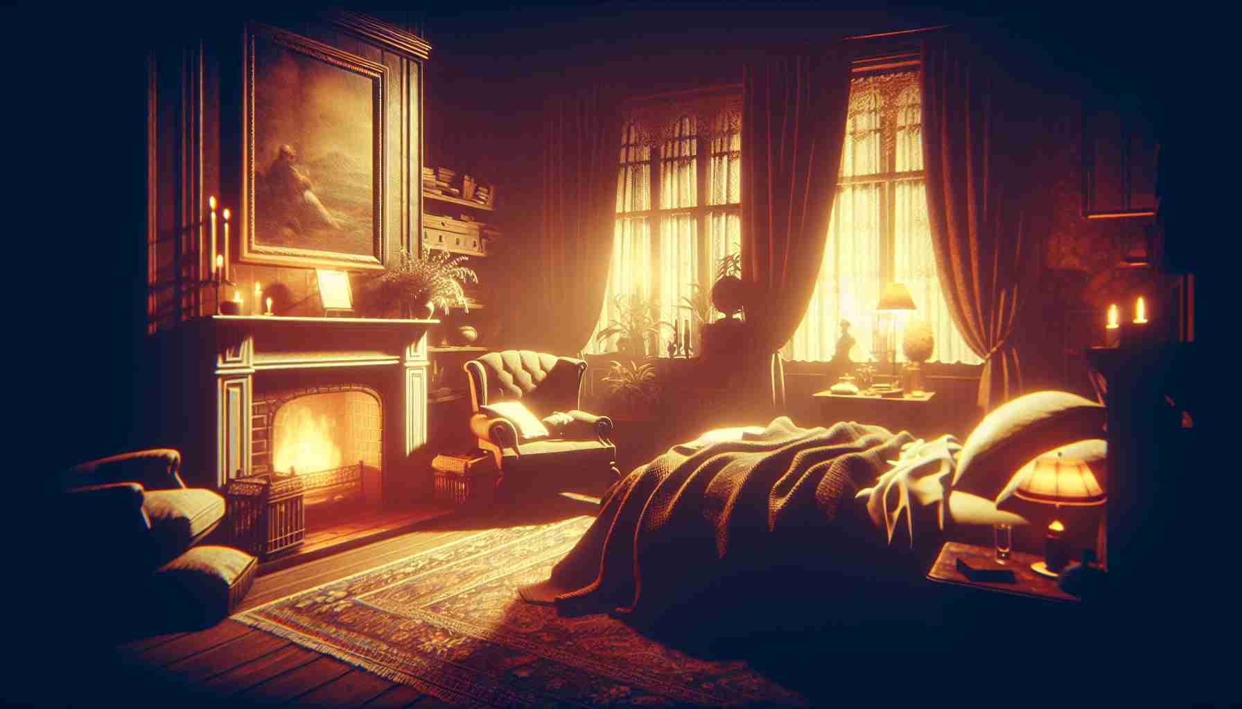 Generate a realistic, high-definition image depicting a scene known as 'A Sleepy Affair'. This scene should convey an atmosphere of relaxation and calm, and might include elements such as a dimly-lit room, comfortable furniture, perhaps a fireplace softly burning. The color palette should be warm and soothing, potentially populated by objects or beings in mid-slumber or preparing to rest. Use your artistic interpretation to give life to 'A Sleepy Affair'.