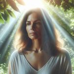 An HD quality image displaying a medium-length-haired woman, of Hispanic descent, immersed in a journey of healing. She stands in the midst of lush, peaceful nature settings, reflecting serenity in her facial expressions. Rays of sunshine pierce through the leaves, casting light onto her, signifying hope and emotional recovery.