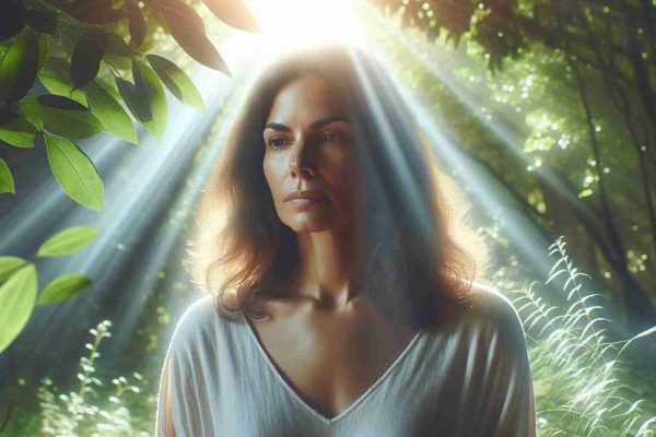 An HD quality image displaying a medium-length-haired woman, of Hispanic descent, immersed in a journey of healing. She stands in the midst of lush, peaceful nature settings, reflecting serenity in her facial expressions. Rays of sunshine pierce through the leaves, casting light onto her, signifying hope and emotional recovery.