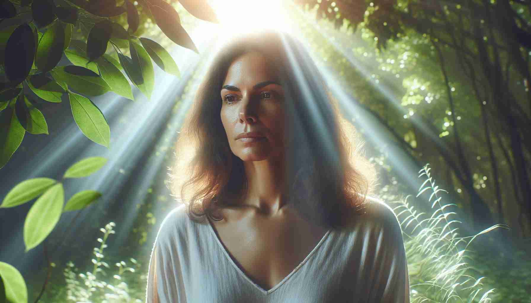 An HD quality image displaying a medium-length-haired woman, of Hispanic descent, immersed in a journey of healing. She stands in the midst of lush, peaceful nature settings, reflecting serenity in her facial expressions. Rays of sunshine pierce through the leaves, casting light onto her, signifying hope and emotional recovery.