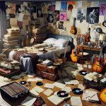 A high definition image showcasing the unexpected revelations found in a musician's hotel room. The room is filled with numerous instruments, sheet music scattered over a table, rare vinyl records, vintage concert posters, and bizarre collectibles. Closed suitcases stacked on one side hint at constant travel and the bed is unmade, a sign of a busy lifestyle. An open notebook with handwritten songs reveals the creative process. The room reflects a chaotic, yet intriguing blend of creativity and disarray, the hallmark of a dedicated musician.